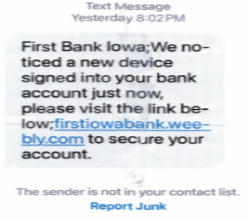 sample image of a text message with a fraudulent link